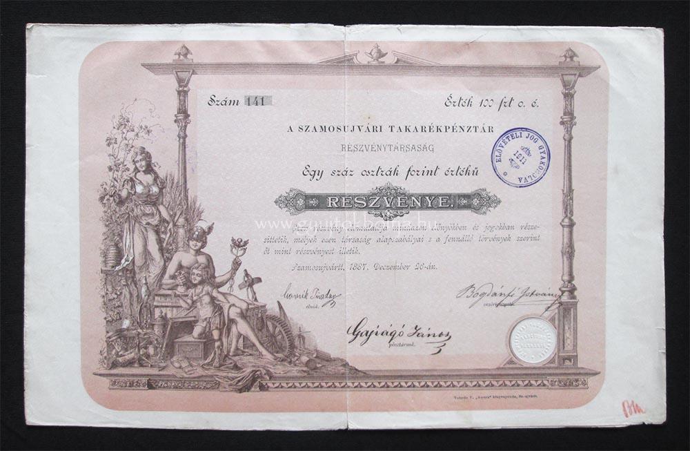 Szamosújvári Takarékpénztár részvény 100 forint 1887 (ROU)